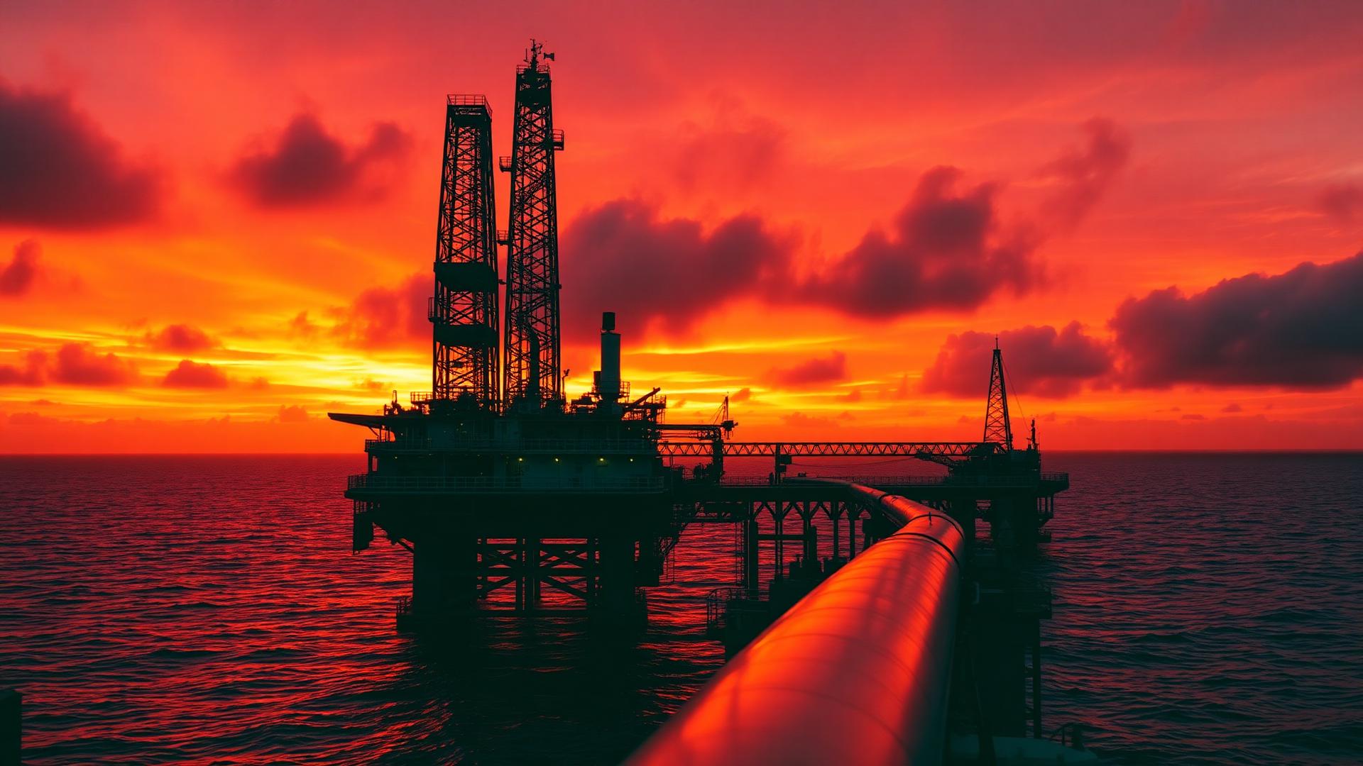 Offshore oil and gas platform at sunset